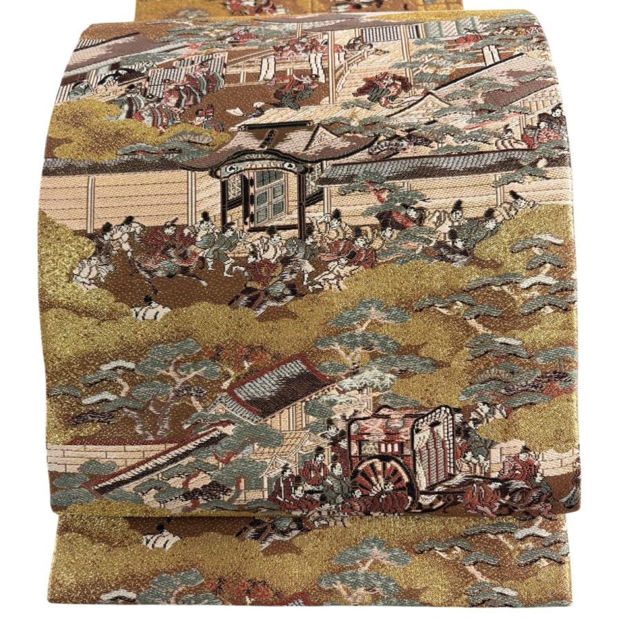 美品 丸帯 名品 建物 人物 箔 金糸 金色 お太鼓柄 正絹 中古 