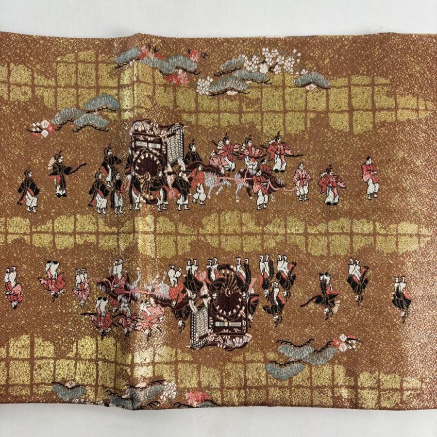 美品 丸帯 名品 建物 人物 箔 金糸 金色 お太鼓柄 正絹 中古 