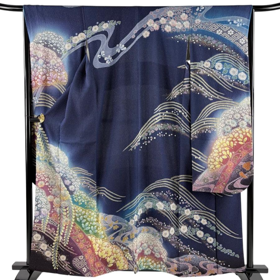 振袖 紺色 辻ヶ花 正絹 【中古】 身丈162cm 裄丈66.5cm 振袖 身丈161cm 裄丈66cm M 袷 吉乃一廉 落款あり 辻が花 波 金通し