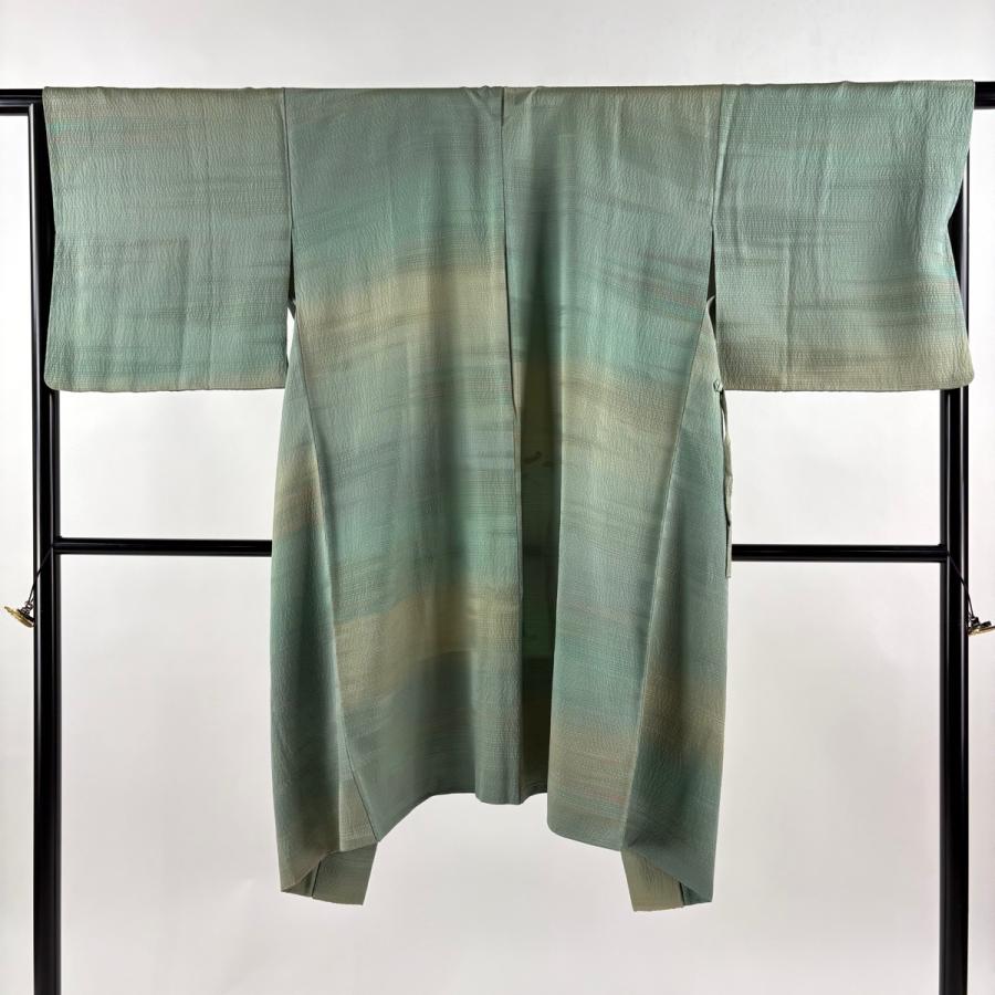 美品 道中着 身丈110cm 裄丈67cm M 和装コート 縞模様 灰緑 正絹 逸品