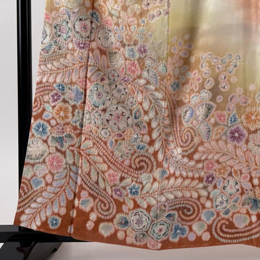 訪問着 身丈160cm 裄丈66cm M 袷 翠山工房 落款あり 辻が花 銀通し ぼかし ピンクベージュ 正絹 逸品 中古