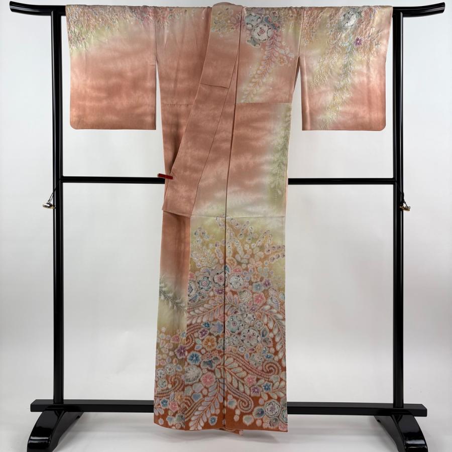 訪問着 身丈160cm 裄丈66cm M 袷 翠山工房 落款あり 辻が花 銀通し ぼかし ピンクベージュ 正絹 逸品 中古