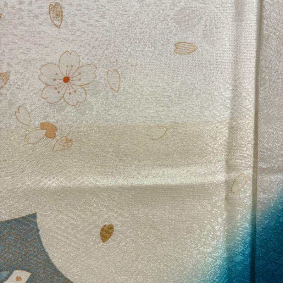 美品 振袖 身丈171cm 裄丈69.5cm L 袷 扇面 菊 銀通し 金彩 青緑 正絹 