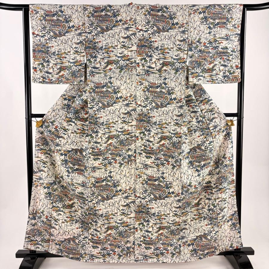 美品 小紋 身丈163cm 裄丈62.5cm S 袷 建物 枝花 縮緬 クリーム 正絹