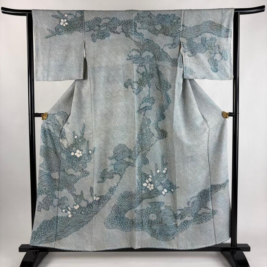 訪問着 身丈157cm 裄丈63cm S 袷 御所車 波 総絞り ぼかし 青灰色 正絹