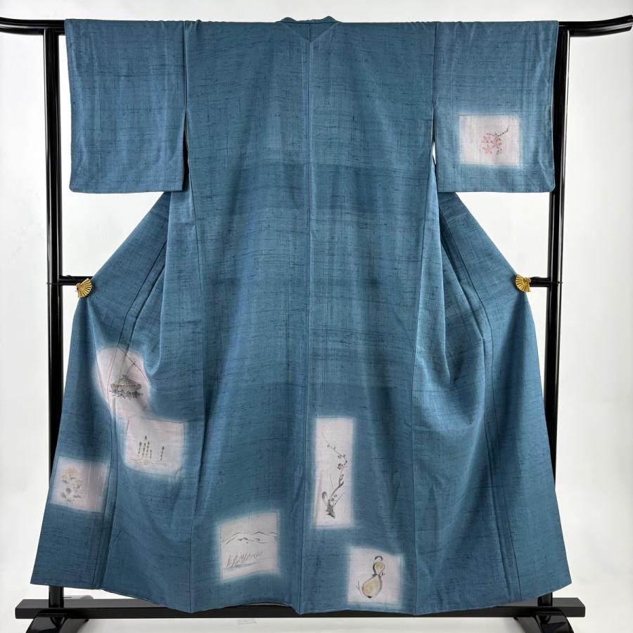 美品 付下げ 身丈157cm 裄丈63.5cm S 袷 紬地 笠 草花 青灰色 正絹 秀