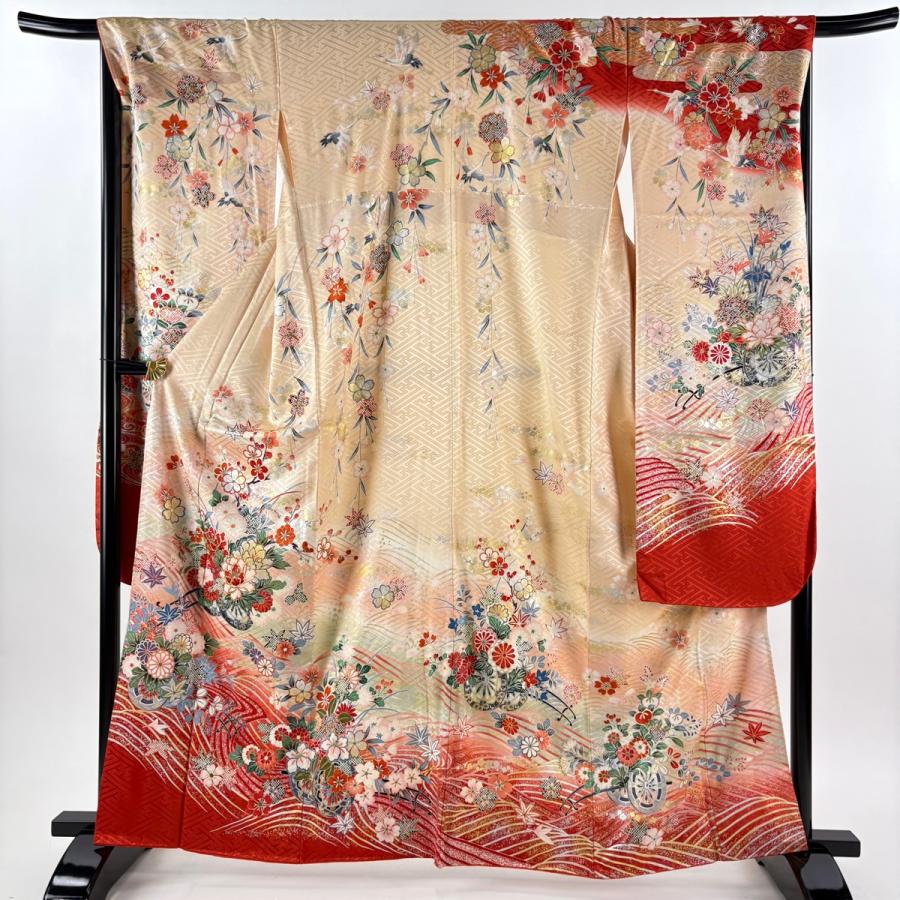 振袖 身丈162.5cm 裄丈70cm L 袷 花車 波 金糸 金銀彩 ベージュ 正絹