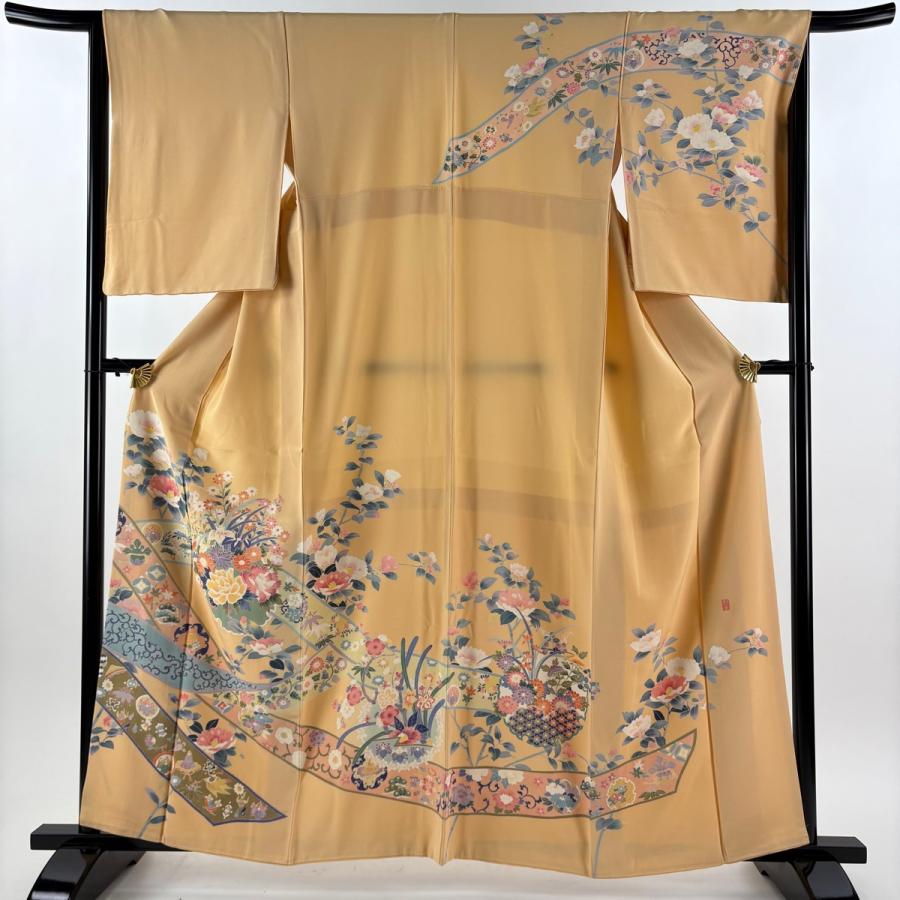 訪問着 身丈160cm 裄丈66.5cm M 袷 落款あり 草花 熨斗 薄オレンジ