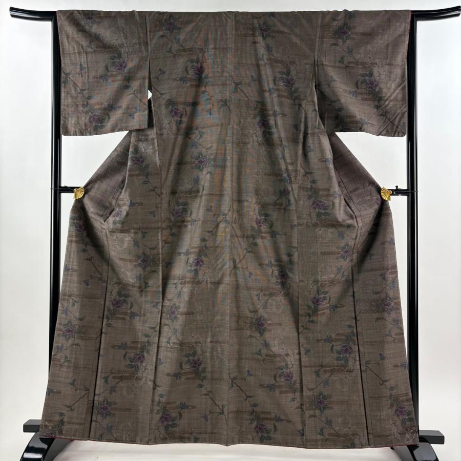 美品 大島紬 身丈163.5cm 裄丈65cm M 袷 証紙あり 草花 ヱ霞 純泥染 焦