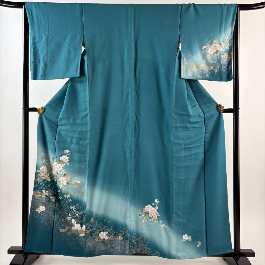 訪問着 身丈159cm 裄丈66.5cm M 袷 枝花 観世水 金銀彩 ぼかし 青緑