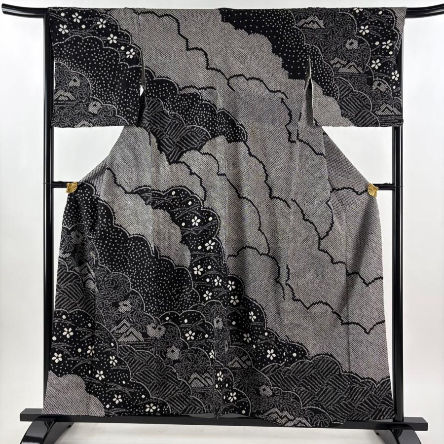 美品 訪問着 身丈158cm 裄丈66.5cm M 袷 草花 波 絞り 黒 正絹 秀品