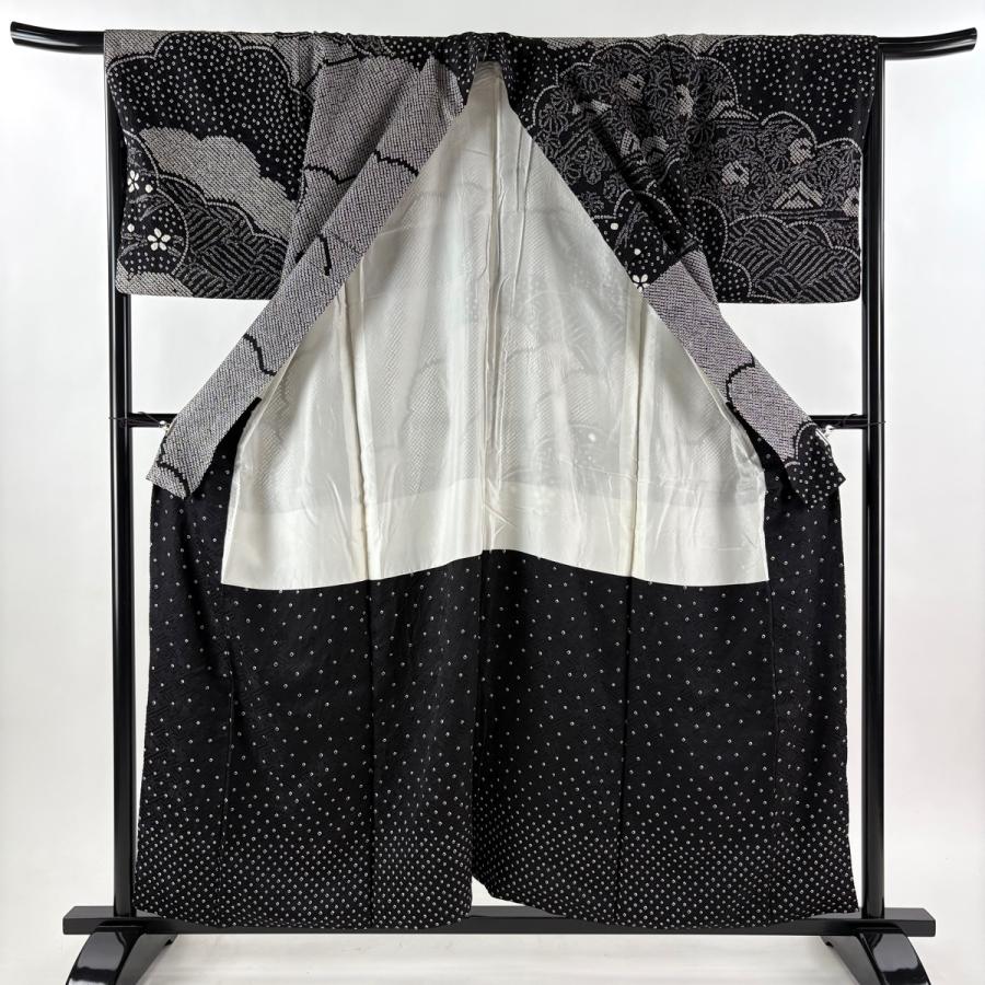 美品 訪問着 身丈158cm 裄丈66.5cm M 袷 草花 波 絞り 黒 正絹 秀品