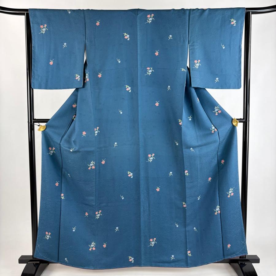 小紋 身丈161cm 裄丈64cm M 袷 草花 地紋 青緑 正絹 秀品 中古