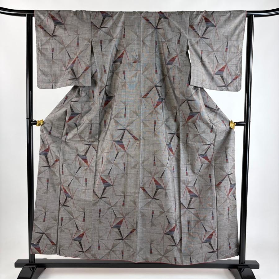美品 紬 身丈156.5cm 裄丈62.5cm S 袷 麻の葉 縞 灰茶 正絹 秀品 中古