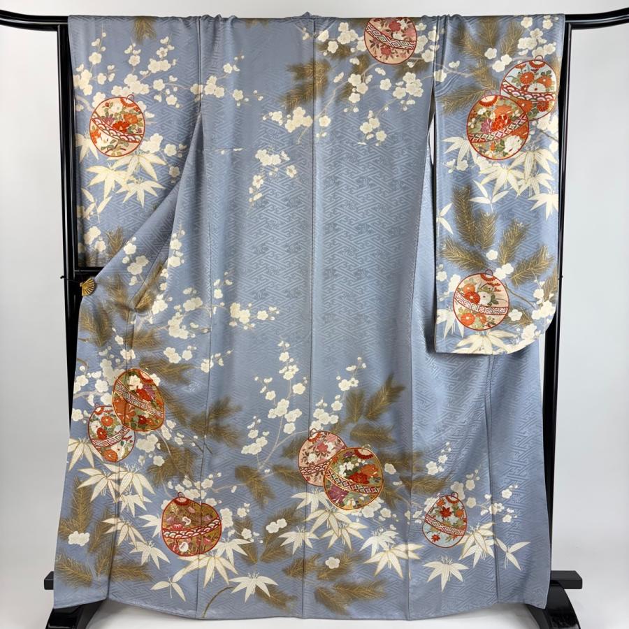 振袖 身丈165cm 裄丈66cm M 袷 鈴 松竹梅 金糸 金彩 青灰色 正絹 秀品