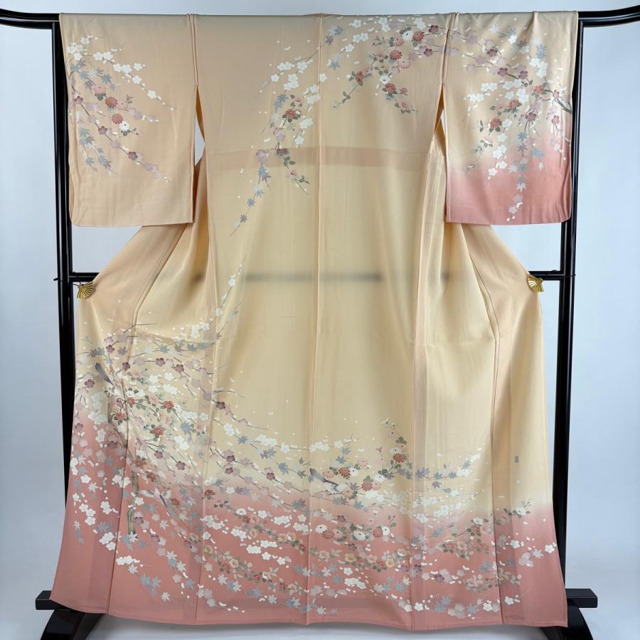 訪問着 身丈163.5cm 裄丈65cm M 単衣 落款あり 枝花 鳥 染め分し