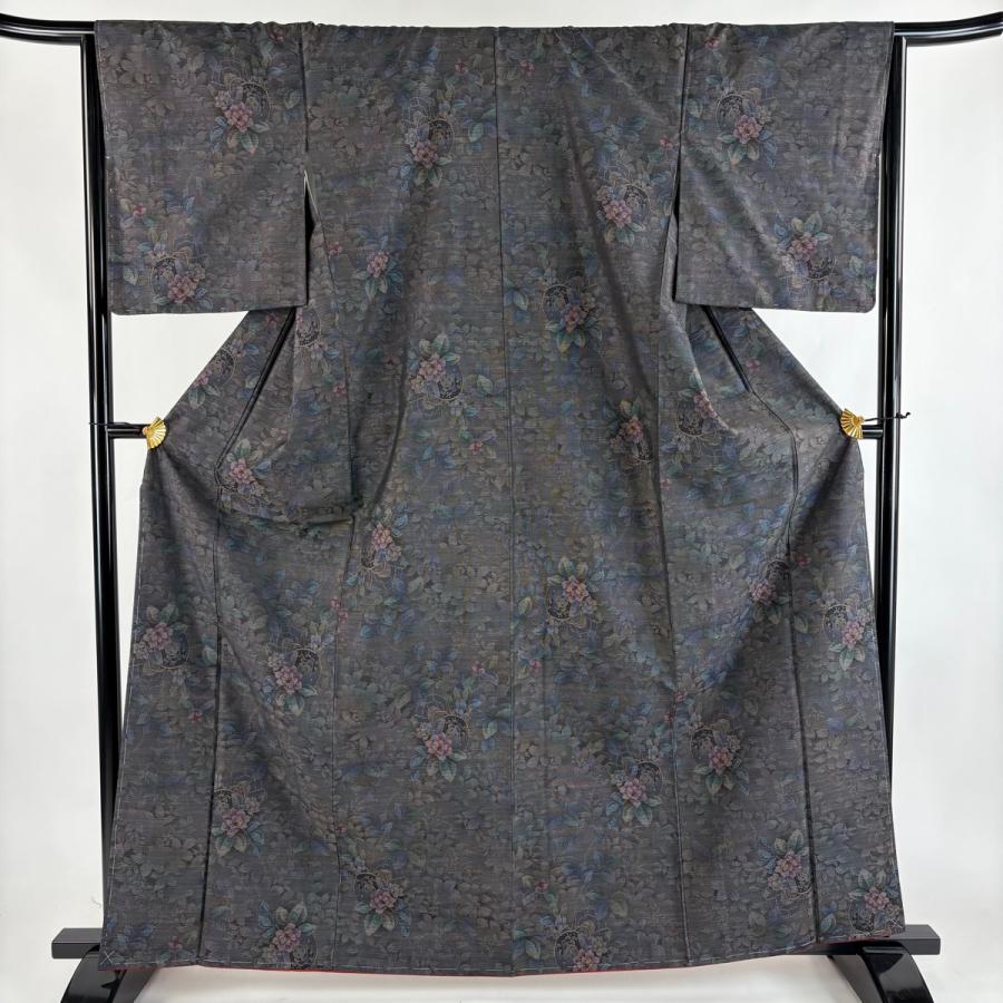 美品 大島紬 身丈163.5cm 裄丈66cm M 袷 純泥染 証紙あり 草花 鼓 黒灰