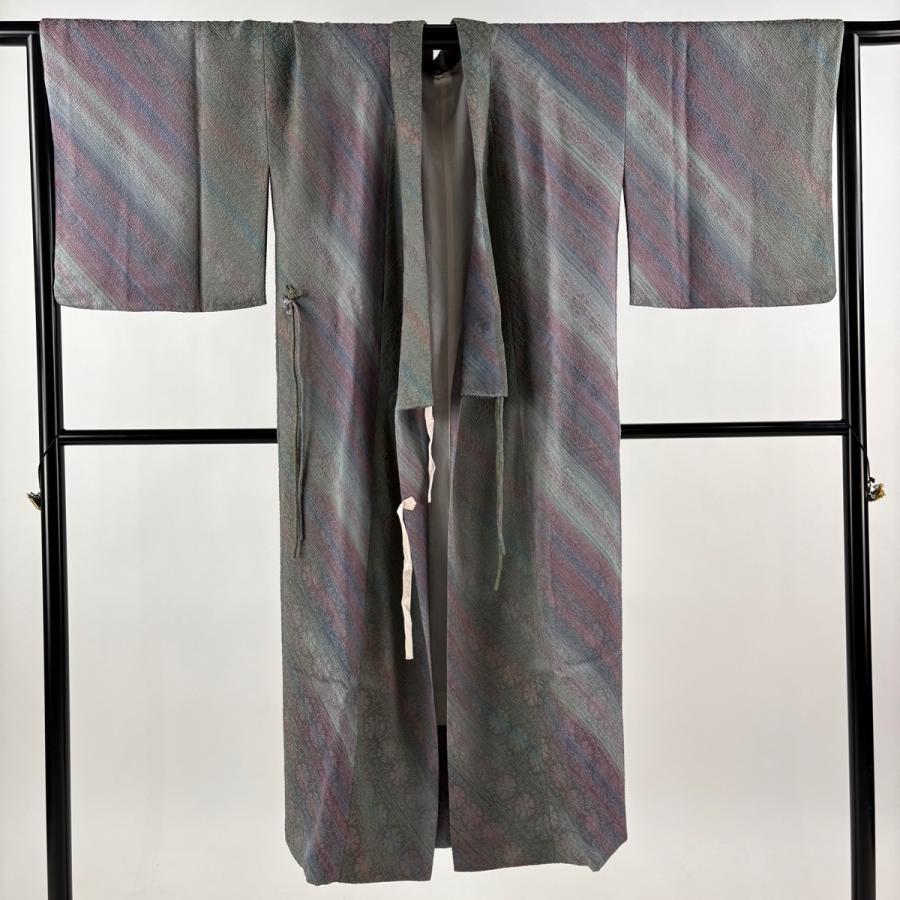美品 道中着 身丈134cm 裄丈67.5cm L 和装コート 着物衿 落款あり 草花 灰緑 正絹 逸品 中古