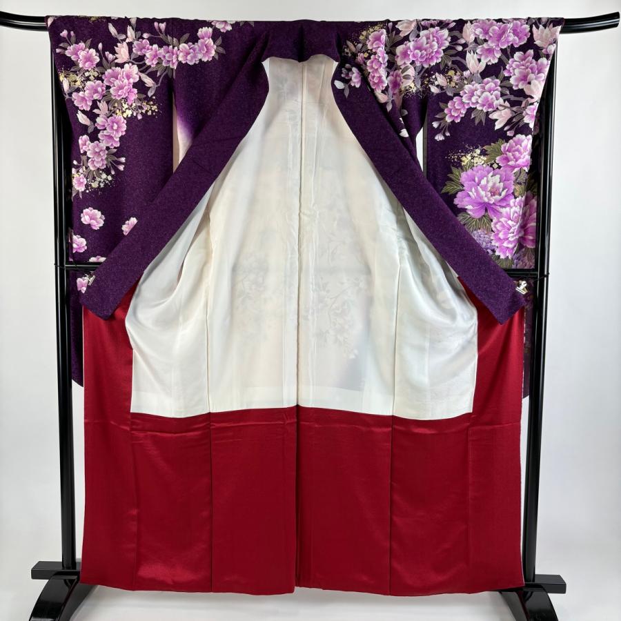 美品 振袖 身丈162.5cm 裄丈70cm L 袷 牡丹 菊 銀通し 金銀糸 濃紫