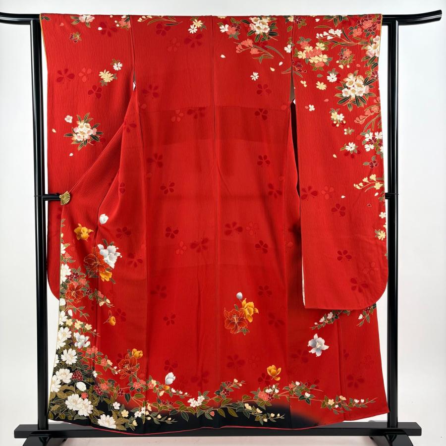 美品 振袖 身丈156cm 裄丈62cm S 袷 草花 地紋 金糸 金彩 赤 正絹 秀品