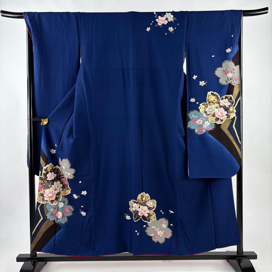 美品 振袖 身丈156cm 裄丈67.5cm L 袷 桜 草花 金彩 箔 紺色 正絹 秀品 