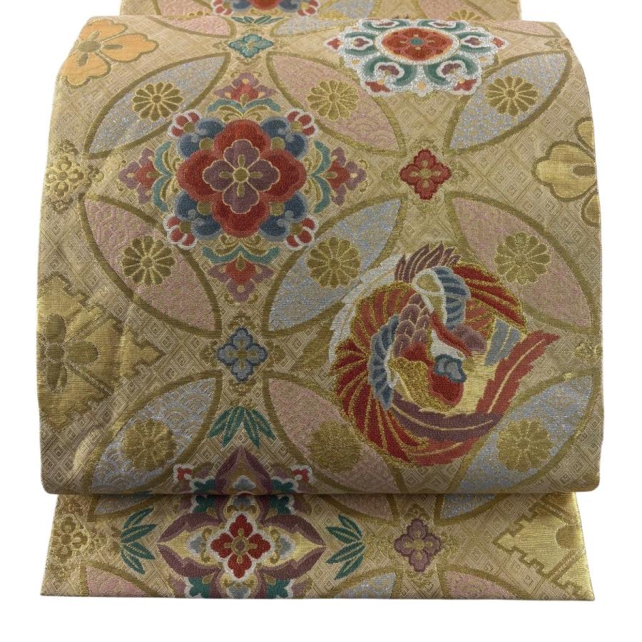 袋帯 秀品 振袖向き 七宝 花鳥 金糸 箔 金色 六通 正絹 中古 