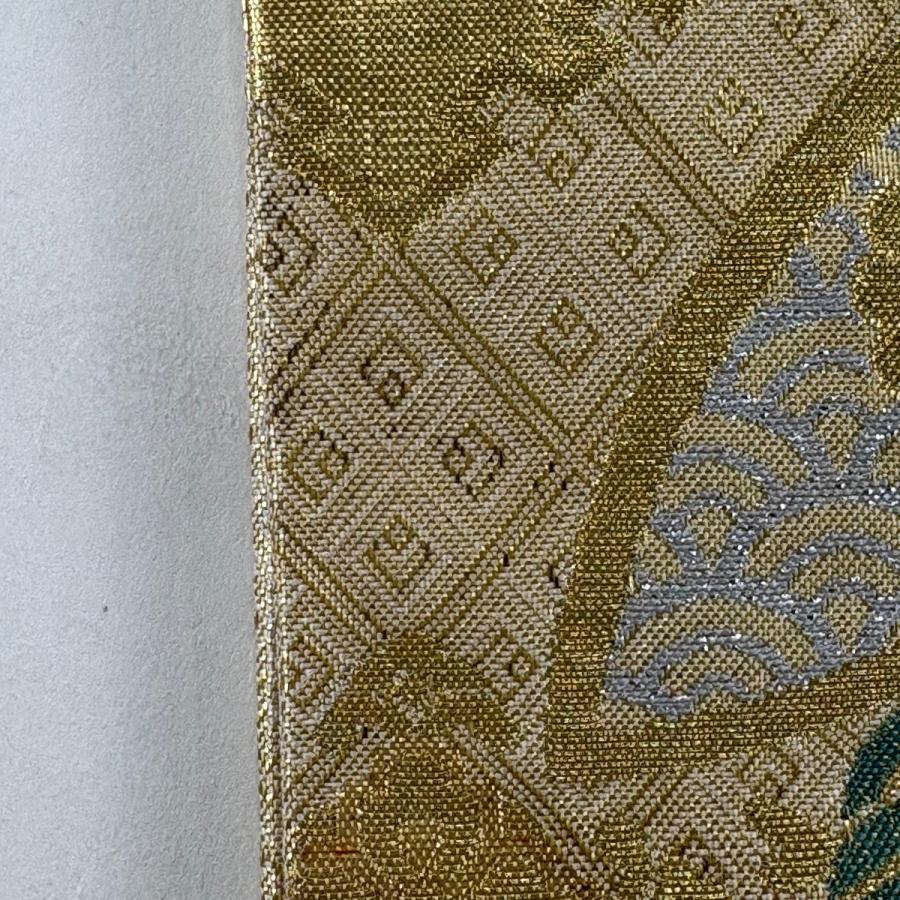 袋帯 秀品 振袖向き 七宝 花鳥 金糸 箔 金色 六通 正絹 中古 
