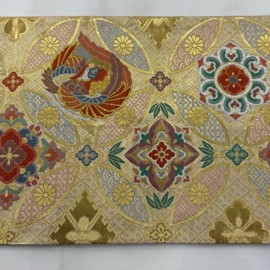 袋帯 秀品 振袖向き 七宝 花鳥 金糸 箔 金色 六通 正絹 中古 