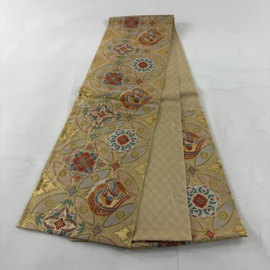 袋帯 秀品 振袖向き 七宝 花鳥 金糸 箔 金色 六通 正絹 中古 