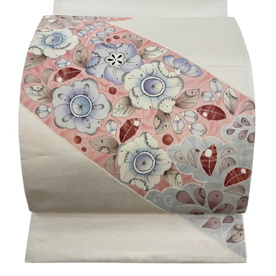 (最終市) No.2854 未使用正絹(TOKI志すい)辻が花袋帯　落款　美品 袋帯 秀品 落款あり 木下勝功 辻が花柄 銀糸 白 お太鼓柄 正絹 中古