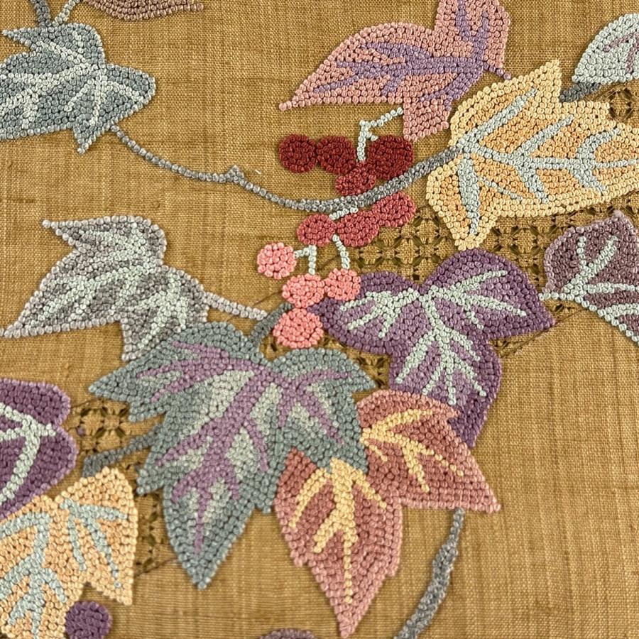 美品 開き名古屋帯 秀品 紬地 葡萄 刺繍 茶色 正絹 中古 : リユース 