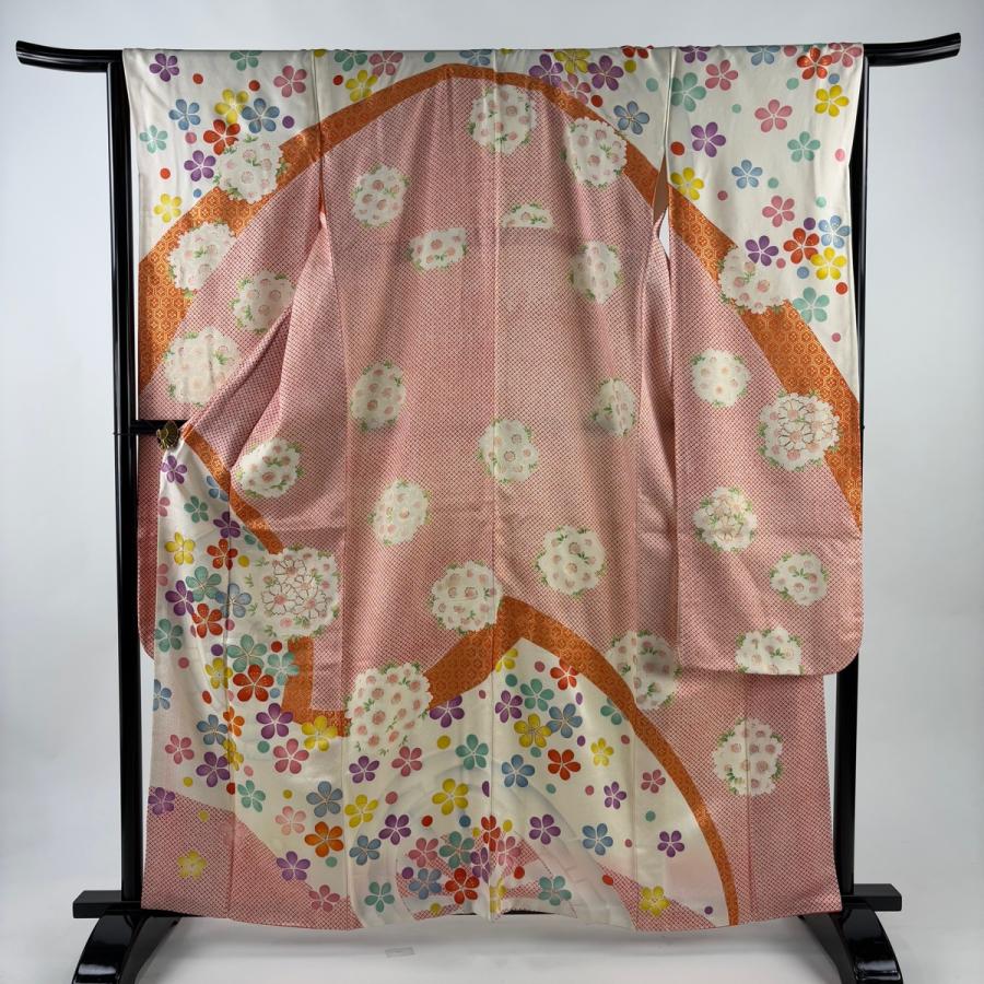 振袖 身丈161.5cm 裄丈66cm M 袷 梅 桜 金糸 金彩 朱色 正絹 秀品 中古 