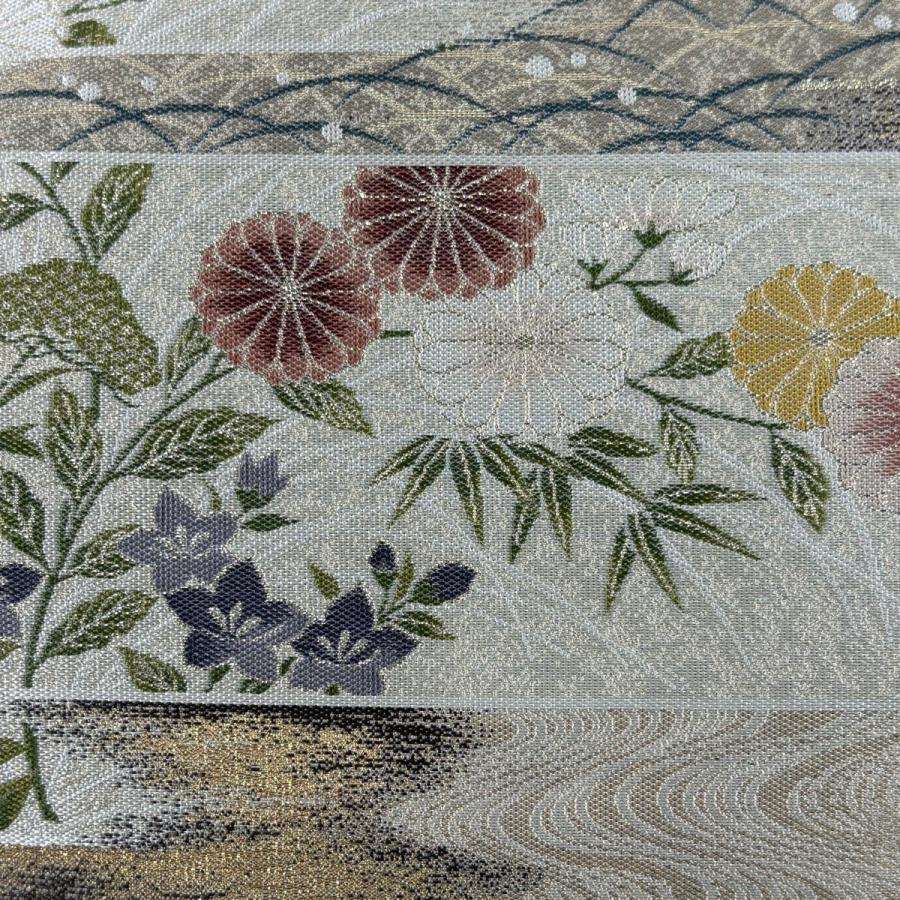 美品 袋帯 秀品 落款あり 藤三郎 草花 霞 金糸 箔 茶紫 六通 正絹 中古 