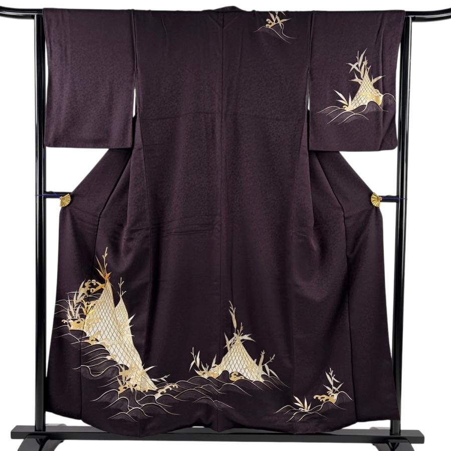 訪問着 身丈162cm 裄丈64cm M 袷 扇面 秋草 金糸 金彩 赤茶 正絹 名品