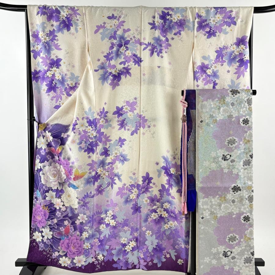 振袖 身丈162cm 裄丈67cm M 袷 袋帯フルセット 蝶 牡丹 銀通し 銀彩