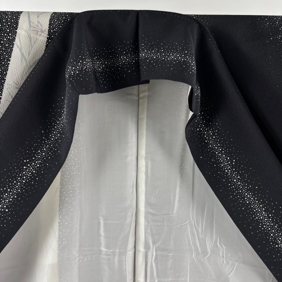 美品 小紋 身丈166.5cm 裄丈67.5cm L 袷 名古屋帯セット 縦縞 葉 黒