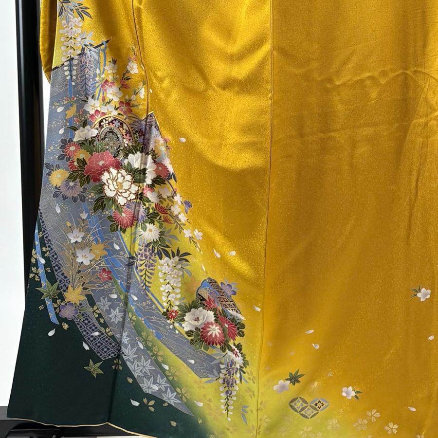 振袖フルセット 身丈160.5裄63.5 刺繍柄 山吹色 黒 成人式 逸品 美品 振袖 身丈160.5cm 裄丈66cm M 袷 袋帯フルセット 鼓 牡丹 金糸
