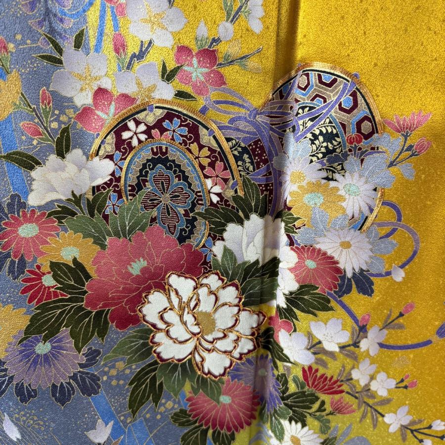 振袖フルセット 身丈160.5裄63.5 刺繍柄 山吹色 黒 成人式 逸品 美品 振袖 身丈160.5cm 裄丈66cm M 袷 袋帯フルセット 鼓 牡丹 金糸