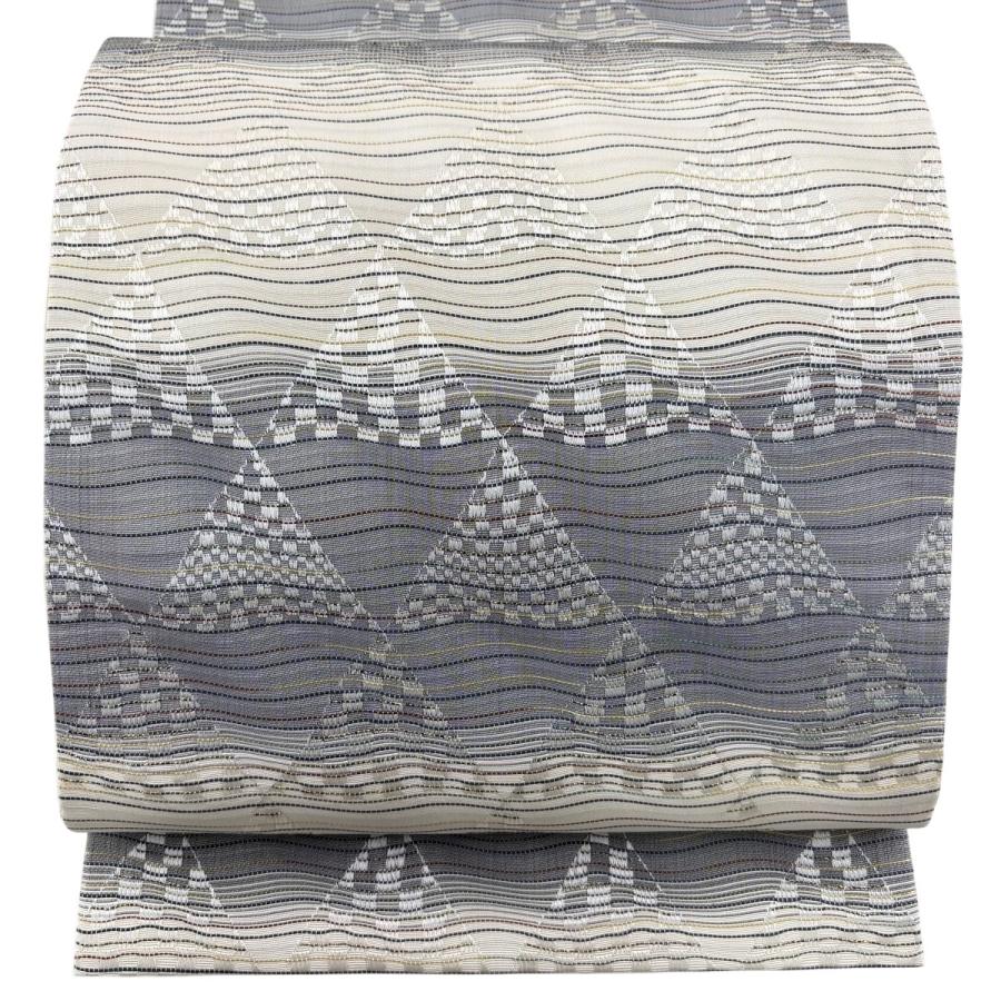 美品 袋帯 秀品 草木染 よろけ縞 幾何学模様 箔 灰色 六通 正絹 中古