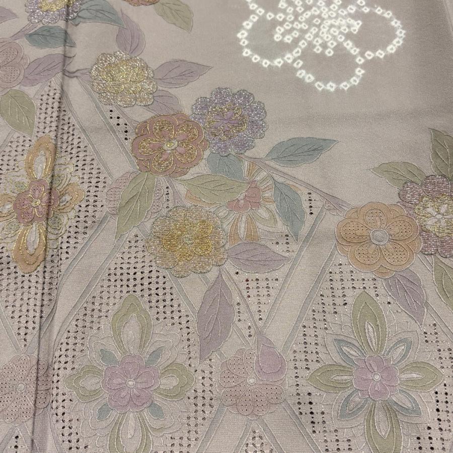 訪問着 身丈162.5cm 裄丈66cm M 袷 草花 菱 刺繍 箔 灰紫 正絹 名品