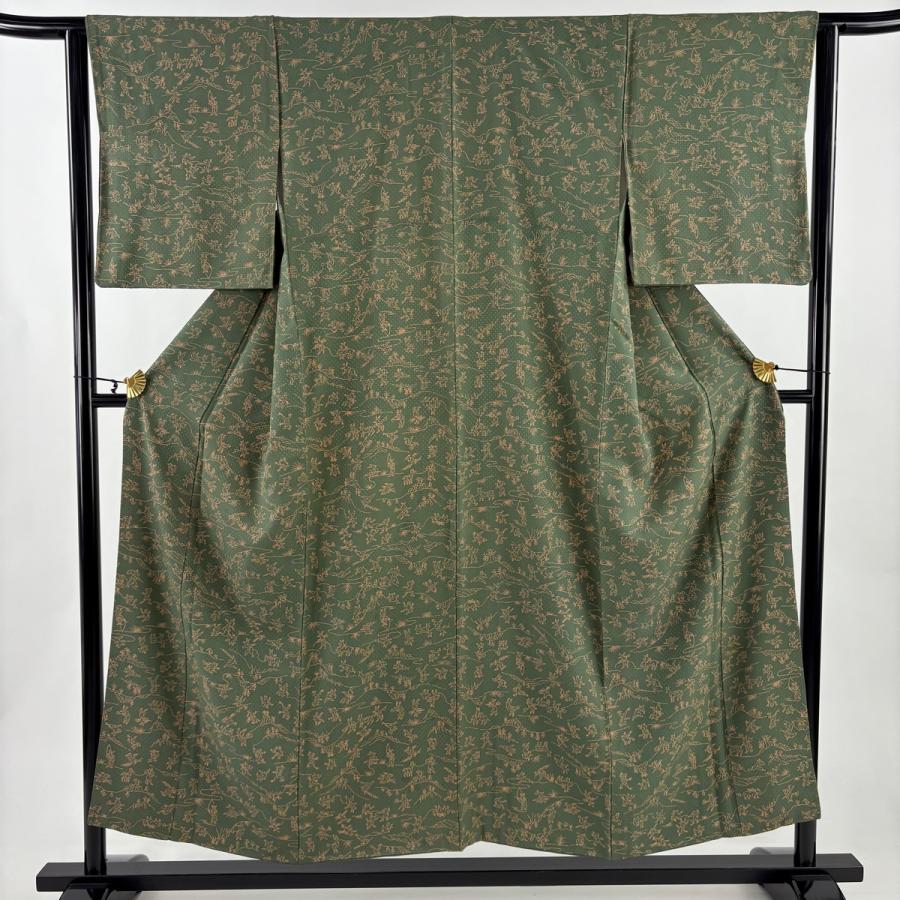 超美品　現代　着物　小紋　正絹　178　トールサイズ　鳥獣戯画　緑　茶　個性的 超美品 現代 着物 小紋 正絹 178 トールサイズ 鳥獣戯画 緑 茶 個性的