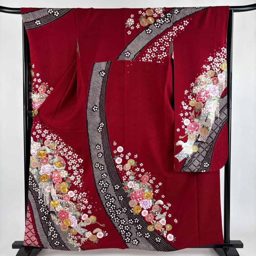 振袖 身丈160cm 裄丈64.5cm M 袷 鞠 草花 金糸 金銀彩 赤 正絹 秀品