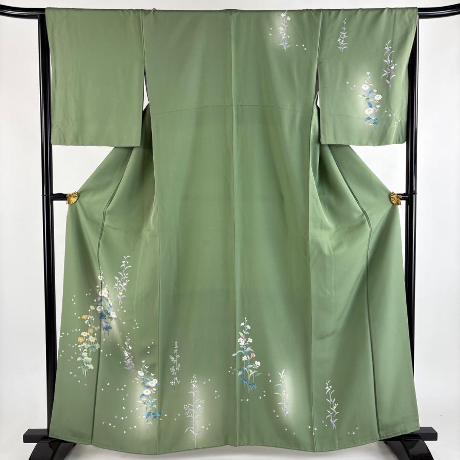 付下げ 身丈160cm 裄丈66cm M 袷 草花 ぼかし 薄緑 正絹 秀品 中古 
