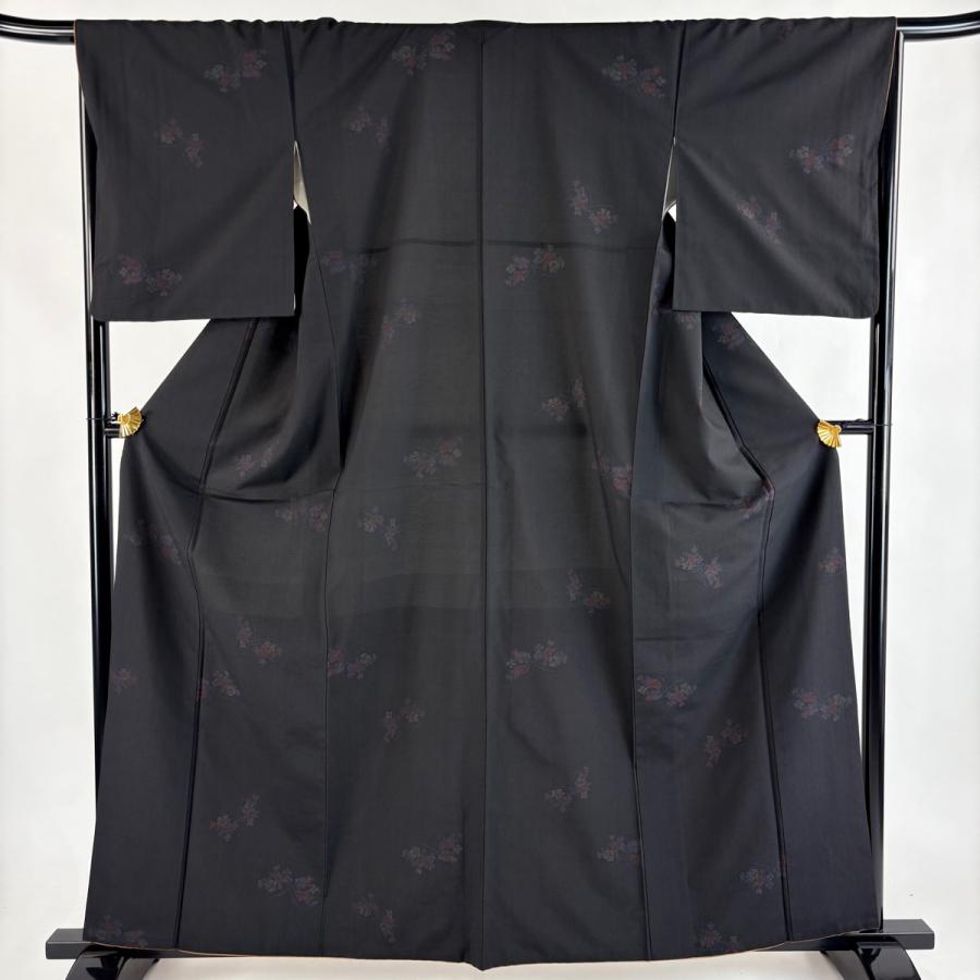美品 紬 身丈161cm 裄丈66cm M 袷 草花 墨色 正絹 秀品 中古