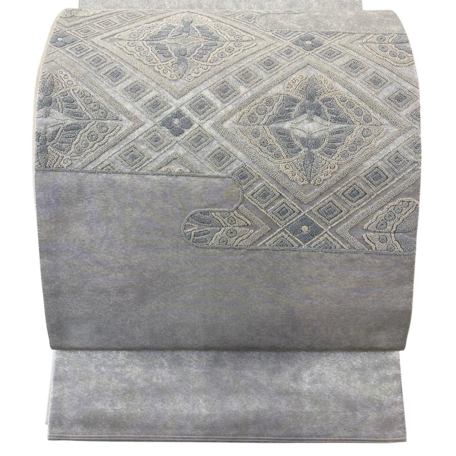 美品 袋帯 秀品 向かい蝶 ヱ霞 相良刺繍 箔 銀色 お太鼓柄 正絹 中古