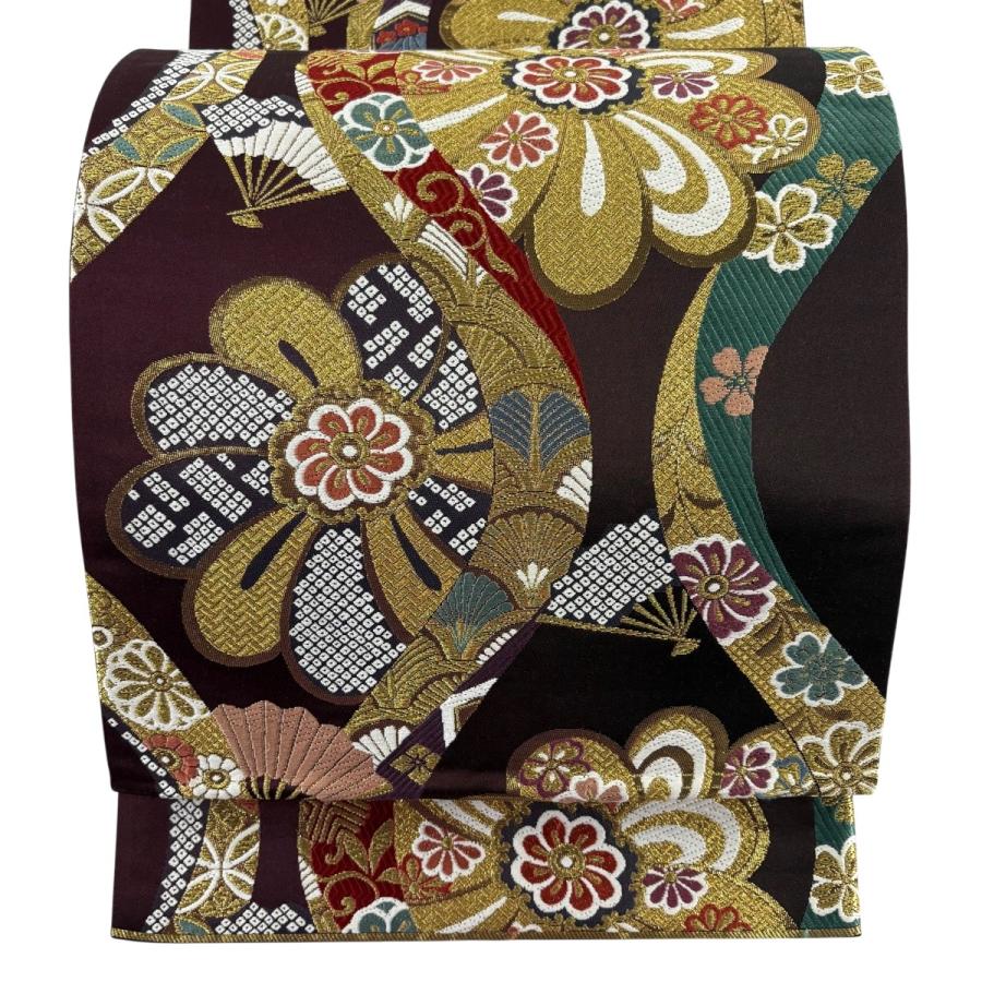 美品 袋帯 秀品 振袖向き 立涌 花 唐織 金糸 濃紫 六通 正絹 中古