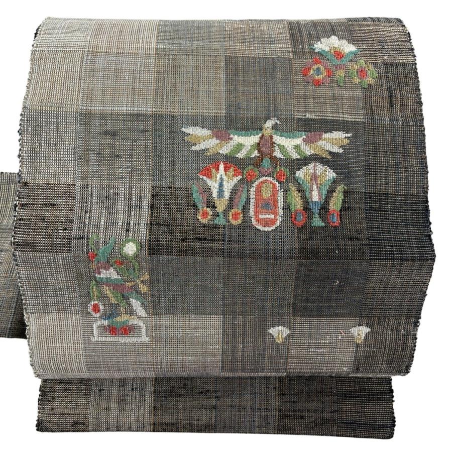 美品 名古屋帯 秀品 八寸名古屋帯 花鳥 市松 金銀糸 灰紫 正絹 中古