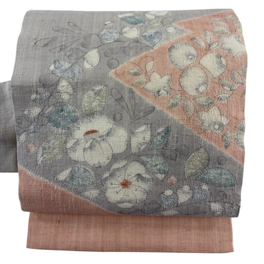 美品 名古屋帯 秀品 紬地 辻が花 絞り ピンクベージュ 正絹 中古