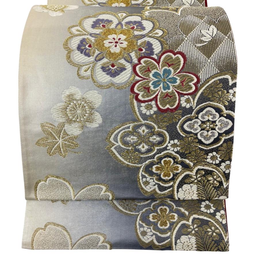 袋帯 秀品 振袖向き 桜 楓 唐織 金銀糸 灰色 六通 正絹 中古