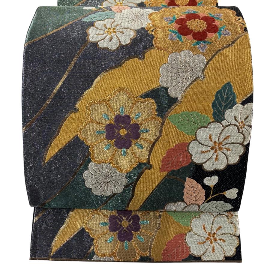 袋帯 秀品 桜 雪芝 唐織 金銀糸 薄緑 全通 正絹 中古 : リユース